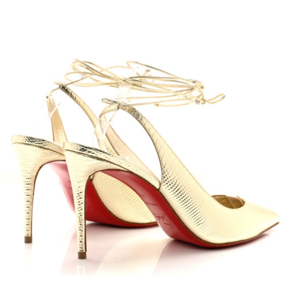 NWB Christian Louboutin lace up Kate heel in gold snake effect size 37.5